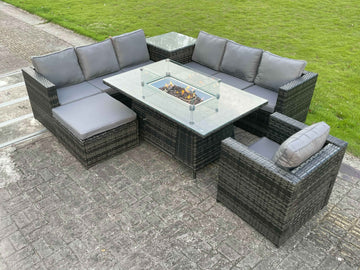 Fimous rotin jardin meubles d’angle Table de foyer à gaz ensembles de salle à manger chauffage à gaz chaise longue grand repose-pieds Table basse latérale