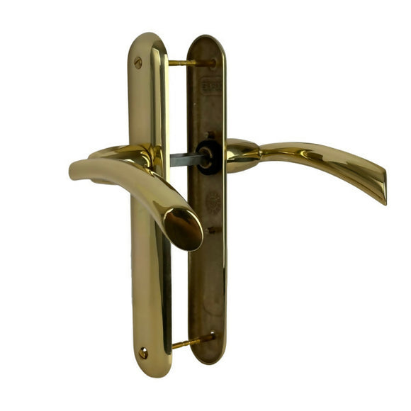 2 poignées de porte sur plaque TAMARA, Sans trou pour pièce à vivre, Finition laiton doré poli, Entraxe standard 195 mm