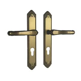 2 poignées de porte sur plaque ISABELLA, Trou de cylindre - entrée - bureau - service, Finition laiton patiné, Entraxe standard 195 mm