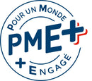 Logo of PME+, symbolizing commitment for a better world, with blue and red accents.