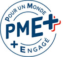 Logo of PME+, symbolizing commitment for a better world, with blue and red accents.
