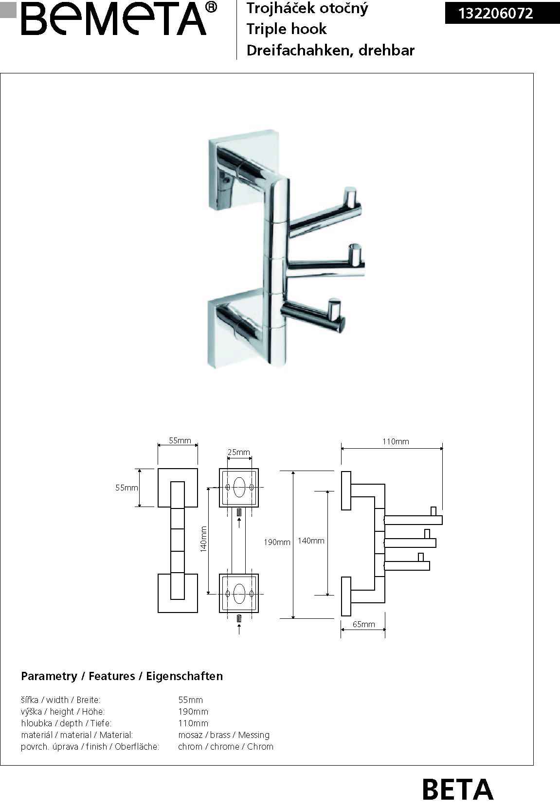 Patère triple murale pivotante BETA en chrome 5,5cmx 19cm x11cm clicktofournisseur.com