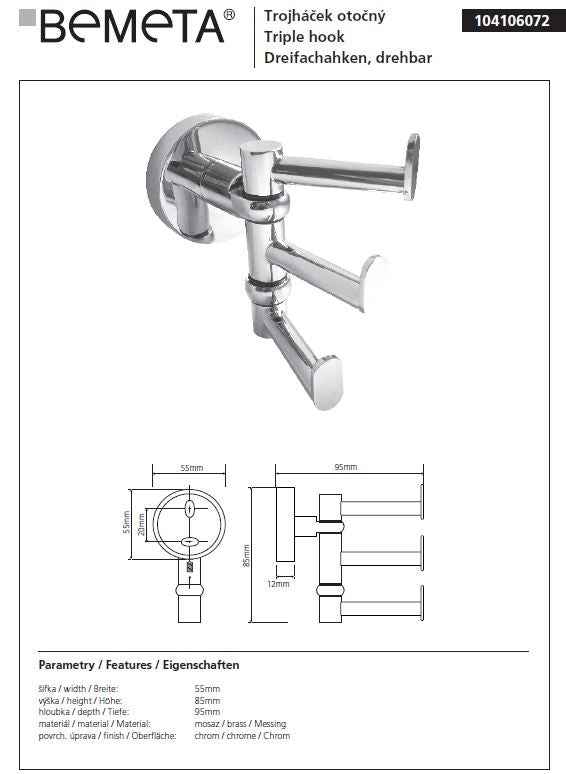 Patère triple rotative OMEGA en chrome 9,5x5,5x8,5cm