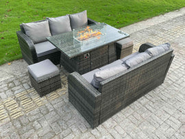 Fimous Rattan Meubles D'extérieur Foyer Au Gaz Rectangulaire Table À Manger Chauffage Au Gaz 3 Places Salon Canapé Petit Tabouret Set De 8 Places