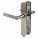 2 poignées de porte universelles Dualfit sur plaque ronde BRUNELLA, Sans trou pour pièce à vivre, Finition Acier nickel mat bi-entraxe 165-195