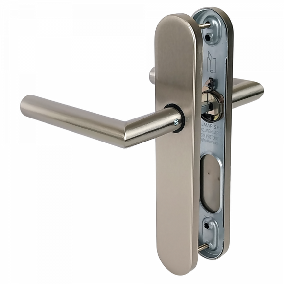 2 poignées de porte universelles Dualfit sur plaque ronde BRUNELLA, Sans trou pour pièce à vivre, Finition Acier nickel mat bi-entraxe 165-195