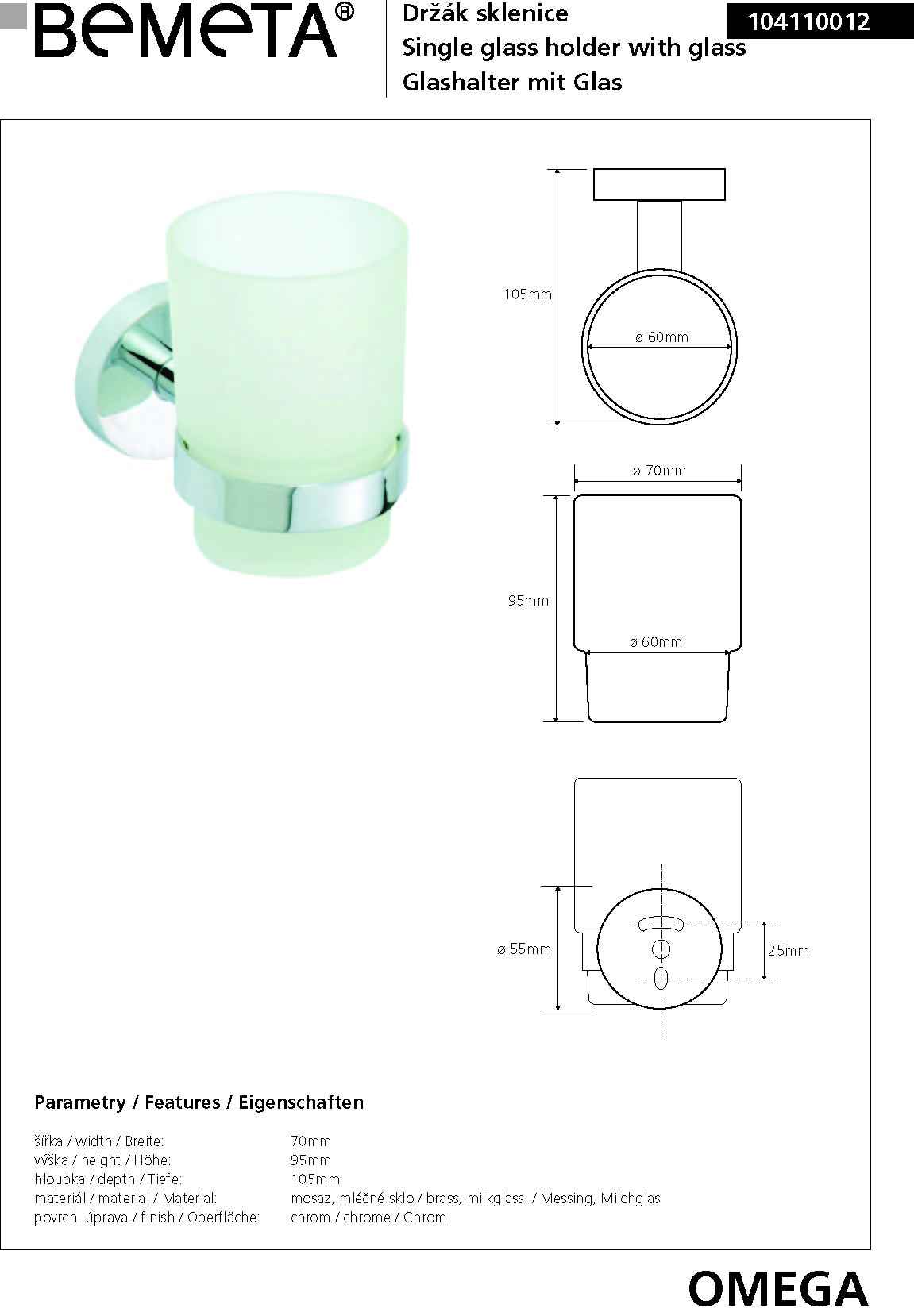 Porte-verre OMEGA en chrome + verre 7x9,5x10,5cm