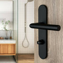 2 poignées de porte universelles Dualfit sur plaque ronde BRUNELLA, Verrou condamnation pour salle de bain/WC, Finition Acier noir mat bi-entraxe 165-195