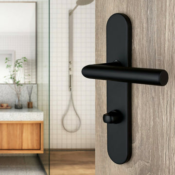 2 poignées de porte universelles Dualfit sur plaque ronde BRUNELLA, Verrou condamnation pour salle de bain/WC, Finition Acier noir mat bi-entraxe 165-195