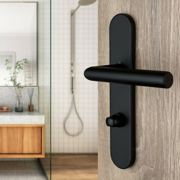 2 poignées de porte universelles Dualfit sur plaque ronde BRUNELLA, Verrou condamnation pour salle de bain/WC, Finition Acier noir mat bi-entraxe 165-195