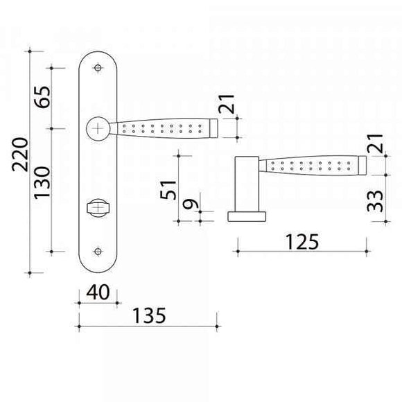 2 poignées de porte sur plaque CASUAL, Verrou condamnation pour salle de bain, Finition aluminium nickel mat, Entraxe standard 195 mm