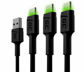 Green Cell Set 3x Ray USB-C 120cm Cable with green LED backlight, fast charging Ultra Charge, QC 3.0