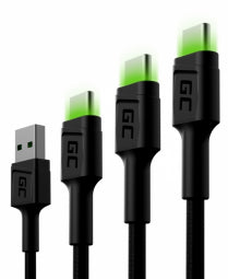 Green Cell Set 3x GC Ray USB-C Cable 30cm, 120cm, 200cm with green LED backlight, fast charging UC, QC 3.0