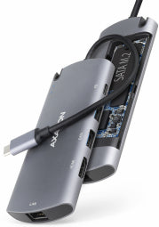 Axagon HMC-6M2 HUB USB-C COMBO 6 EN 1 SUPERSPEED. Hub multiport USB 3.2 Gen 1. SATA M.2, HDMI, Gigabit LAN et Power Delivery. Câble USB-C 18 cm.