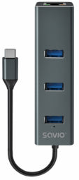Savio AK-57 USB-C - 3 x USB-A HUB with RJ-45 Gigabit Ethernet adapter, 5000 Mbit/s, grey