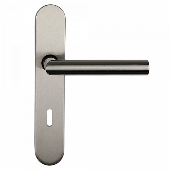 2 poignées de porte universelles Dualfit sur plaque ronde BRUNELLA, Entrée de clé pour chambre, Finition Acier nickel mat bi-entraxe 165-195