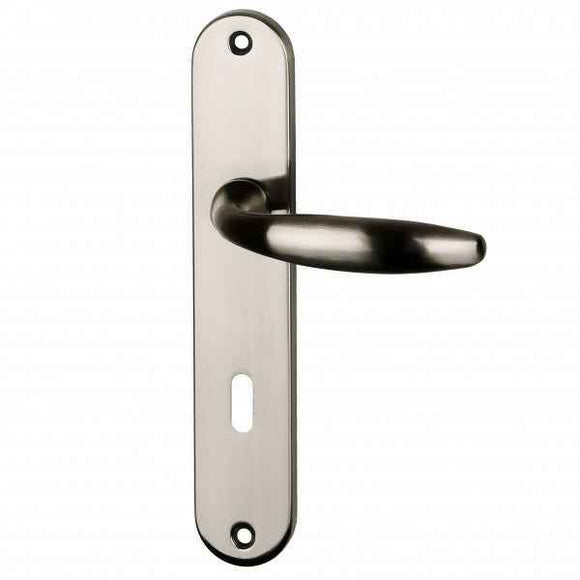 2 poignées de porte sur plaque CHAMBON, Entrée de clé pour chambre, Finition aluminium nickel mat, Entraxe standard 195 mm