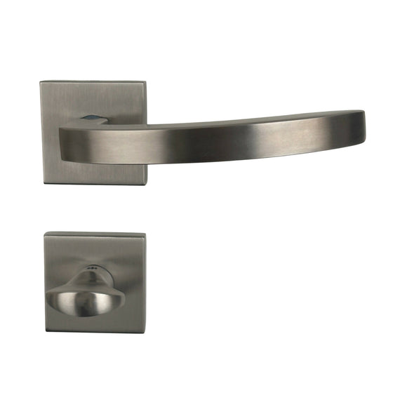 2 poignées de porte sur rosace ORION, Verrou de condamnation pour salle de bain/WC, Finition Inox 304 nickel mat