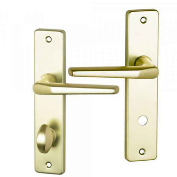 2 poignées de porte sur plaque CHAMONIX, Verrou de condamnation pour salle de bain/WC, Finition aluminium anodisé F2 doré, Entraxe 165 mm