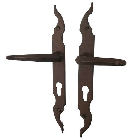 2 poignées de porte sur plaque CELTIQUE, Trou de cylindre - entrée - bureau - service, Finition acier aspect fer forgé rouille, Entraxe standard 195 mm