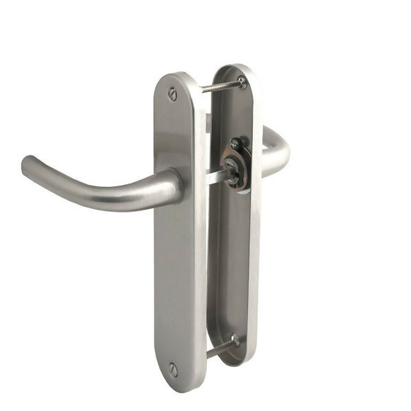 2 poignées de porte sur plaque RHAPSODIE, Sans trou pour pièce à vivre, Finition zamak nickel mat, Entraxe 165 mm