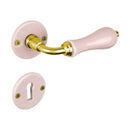 2 poignées sur rosaces rondes LIZON, Entrée de clé pour chambre, Porcelaine rose, Finition coude en Laiton poli doré