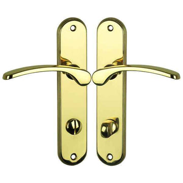 2 poignées de porte sur plaque EVA, Verrou de condamnation pour salle de bain/WC, Finition laiton poli, Entraxe 165 mm