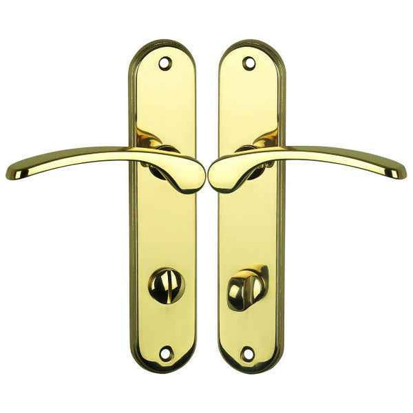 2 poignées de porte sur plaque EVA, Verrou de condamnation pour salle de bain/WC, Finition laiton poli, Entraxe 165 mm
