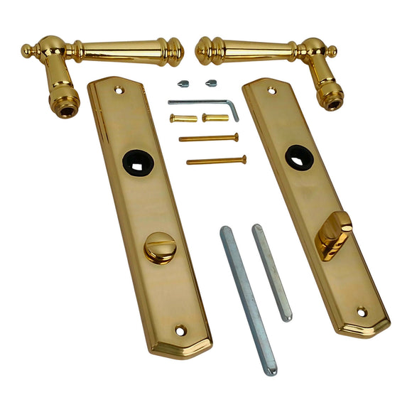 2 poignées de porte ATTILA, Verrou de condamnation pour salles de bain/WC, Finition laiton poli doré, Entraxe standard 195 mm
