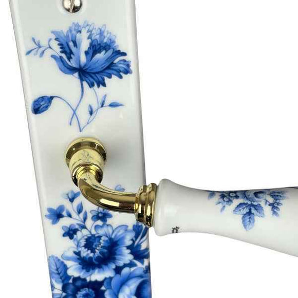 2 poignées de porte sur plaque BLEUET, Sans trou pour pièce à vivre, Porcelaine de Limoges, Entraxe standard 195 mm