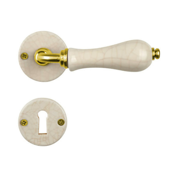 2 poignées sur rosaces rondes LIZON, Entrée de clé pour chambre, Porcelaine beige craquelé, finition coude en Laiton poli doré