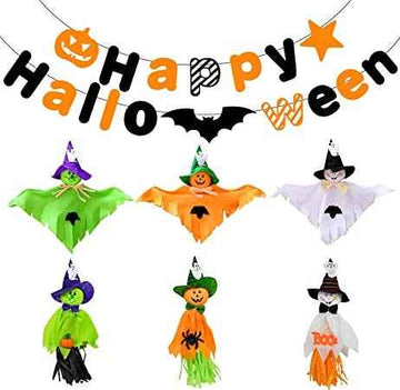 Décorations suspendues pour fête d'Halloween Ecost Qpout, lot de 6 décorations fantômes suspendues et joyeux Halloween