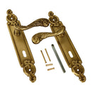 2 poignées de porte sur plaque SULLY, Entrée de clé pour chambre, Finition laiton patiné aspect vieilli, Entraxe standard 195 mm