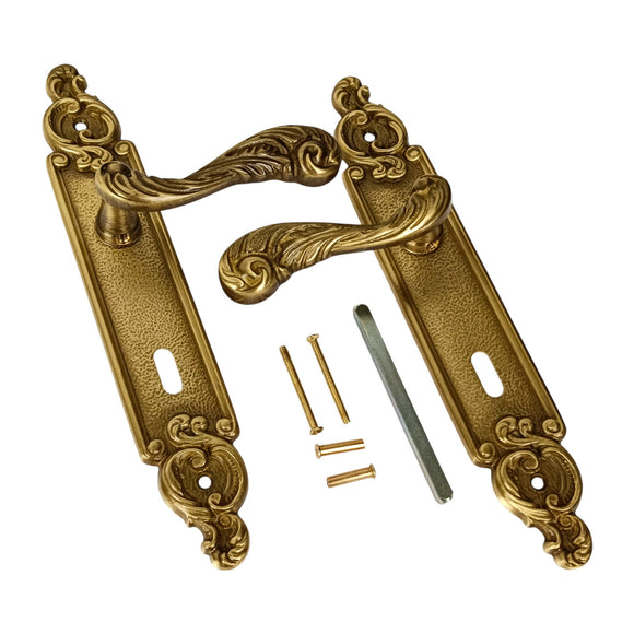 2 poignées de porte sur plaque SULLY, Entrée de clé pour chambre, Finition laiton patiné aspect vieilli, Entraxe standard 195 mm