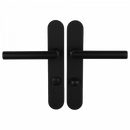 2 poignées de porte universelles Dualfit sur plaque ronde BRUNELLA, Verrou condamnation pour salle de bain/WC, Finition Acier noir mat bi-entraxe 165-195