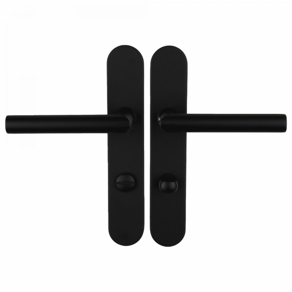 2 poignées de porte universelles Dualfit sur plaque ronde BRUNELLA, Verrou condamnation pour salle de bain/WC, Finition Acier noir mat bi-entraxe 165-195