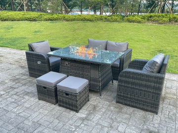 Fimous Dark Mixed Grey Rotin Outdoor Garden Furniture Gas Firepit Table Set Chauffage à Gaz Love Seat Canapé 2 Places Chaise Longue Réglable Repose - Pieds 6 Places