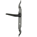 2 poignées de porte sur plaque fine CELTIQUE, Verrou de condamnation pour salle de bain/WC, Finition acier aspect fer forgé patiné, Entraxe standard 195 mm