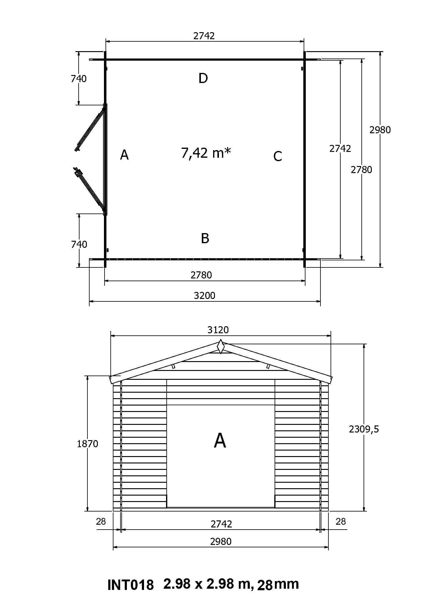 Abri de jardin en bois 28mm 7.5m² 298x298x235cm int018/ineksa