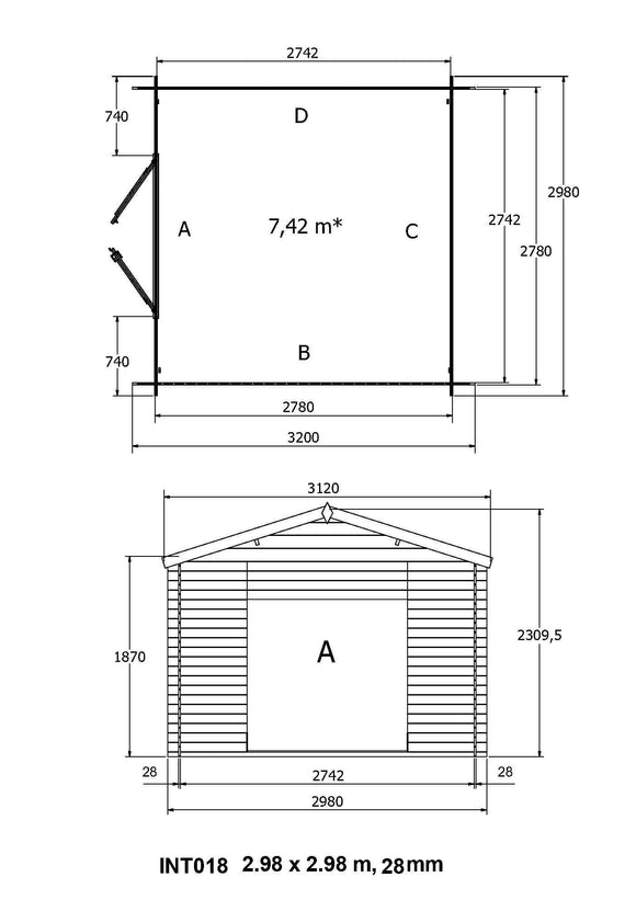 Abri de jardin en bois 28mm 7.5m² 298x298x235cm int018/ineksa