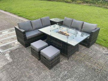 Fimous Rattan exterior furniture garden corner furniture gas fireplace Table sets gas heater living room small footstool dark grey 8 seats