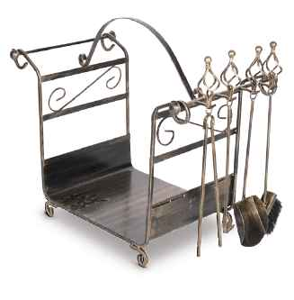 Serviteur porte bûches de cheminée en acier doré avec 4 accessoires 71x42x66 cm - Clicktofournisseur.com