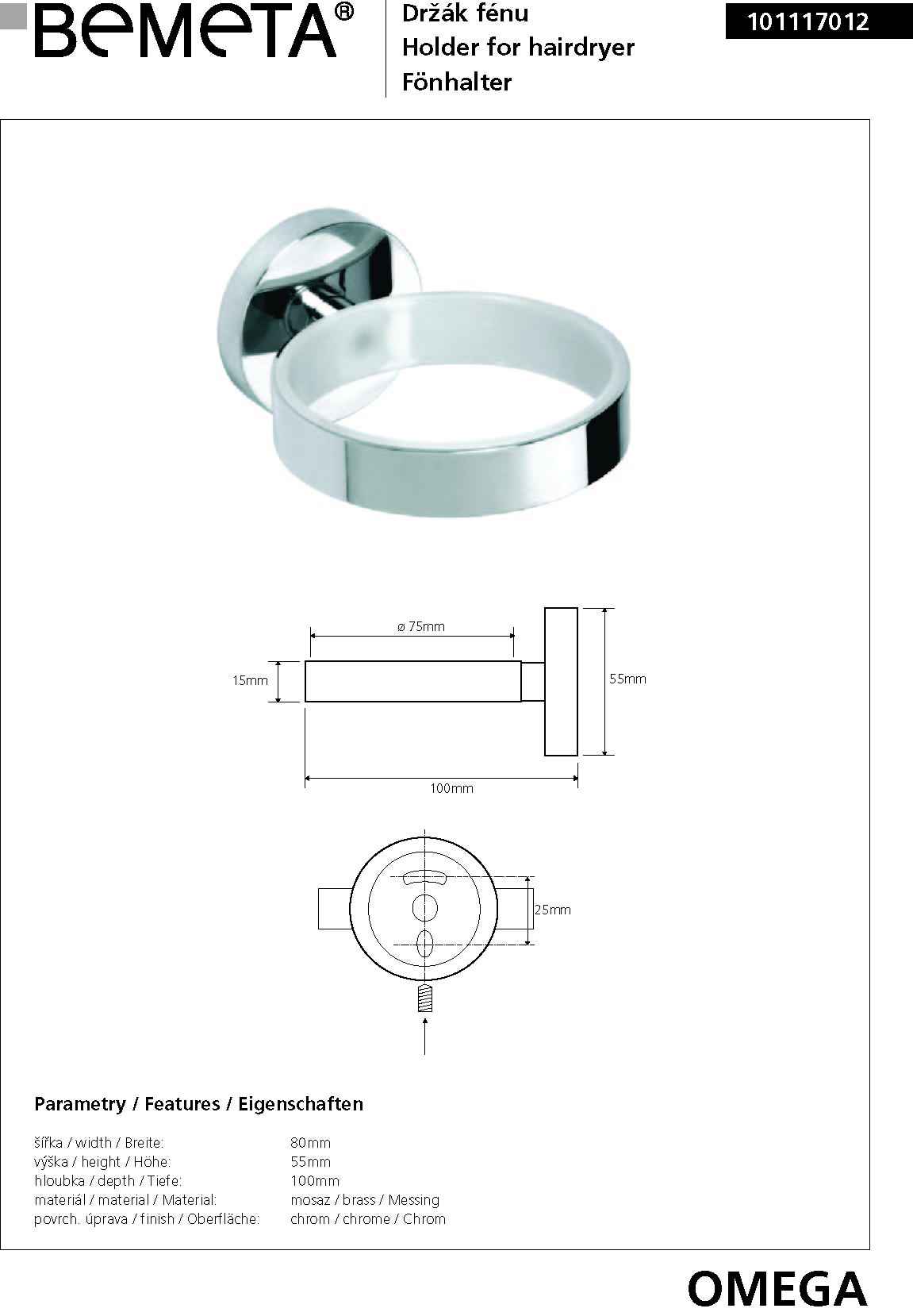 Support sèche-cheveux OMEGA en chrome 8x5,5x10cm clicktofournisseur.com