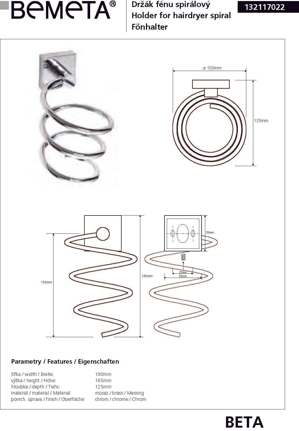 Support sèche-cheveux spiral mural beta en chrome 10cmx185cmx125cm - Clicktofournisseur.com