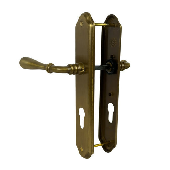 2 poignées de porte sur plaque CARINA, Trou de cylindre - entrée - bureau - service, Finition laiton patiné, Entraxe standard 195 mm