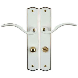 2 poignées de porte sur plaque EVITA, Verrou de condamnation pour salle de bain/WC, Finition laiton blanc liseré doré, Entraxe standard 195 mm
