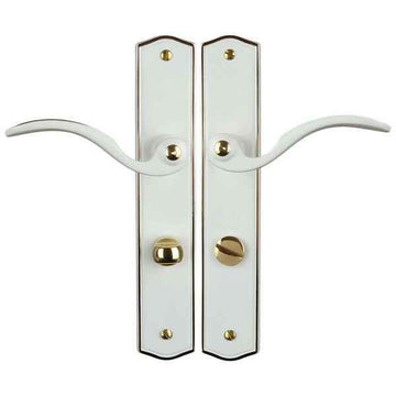 2 poignées de porte sur plaque EVITA, Verrou de condamnation pour salle de bain/WC, Finition laiton blanc liseré doré, Entraxe standard 195 mm