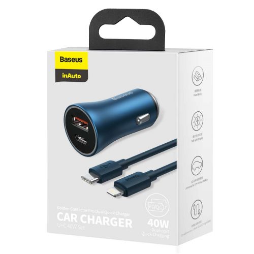 Chargeur de voiture baseus golden contactor pro + câble lightning 1 m