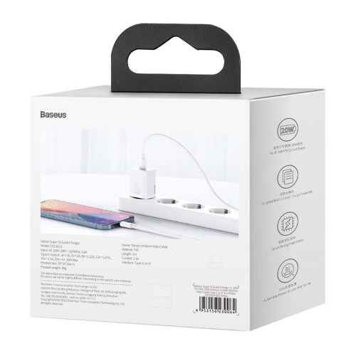 INCARCATOR retea Baseus Super Si, Quick Charge 20W, 1 x USB Type-C 5V/3A max, include cablu USB Type-C la Lightning Iphone 1m, alb "TZCCSUP-B02" (timbru verde 0.18 lei) - 6953156230064