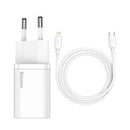 INCARCATOR retea Baseus Super Si, Quick Charge 20W, 1 x USB Type-C 5V/3A max, include cablu USB Type-C la Lightning Iphone 1m, alb "TZCCSUP-B02" (timbru verde 0.18 lei) - 6953156230064